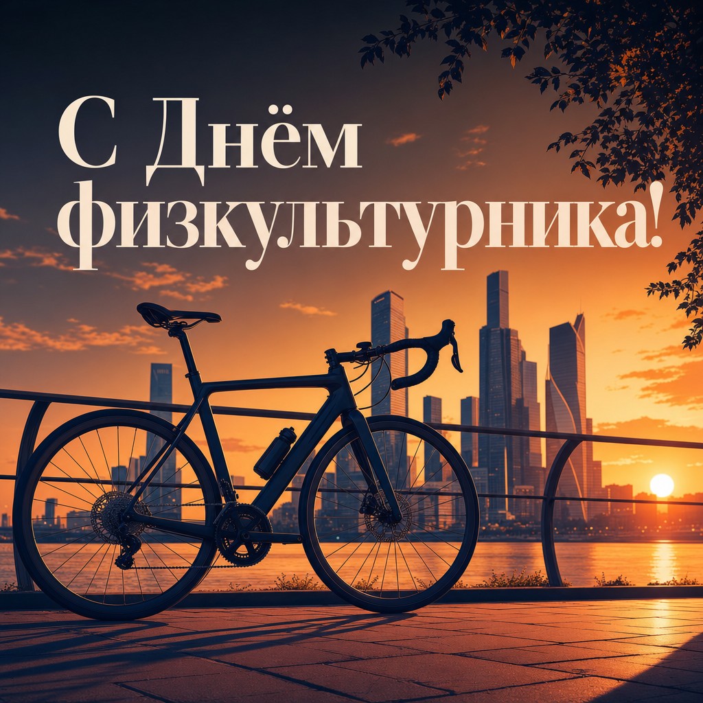 Современная открытка на День физкультурника с велосипедом, набережной и городским спортивным настроением.