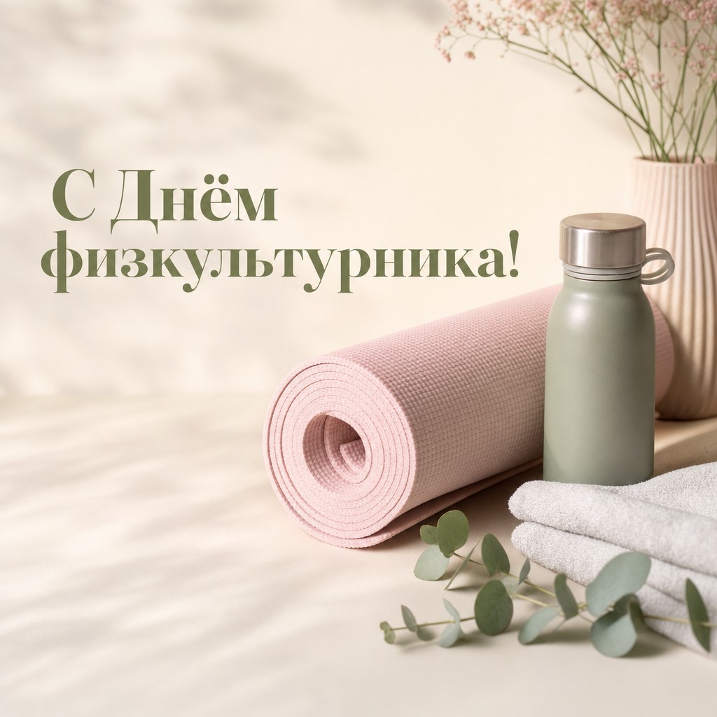 Нежная открытка на День физкультурника с йога-ковриком, водой и спокойной фитнес-эстетикой.
