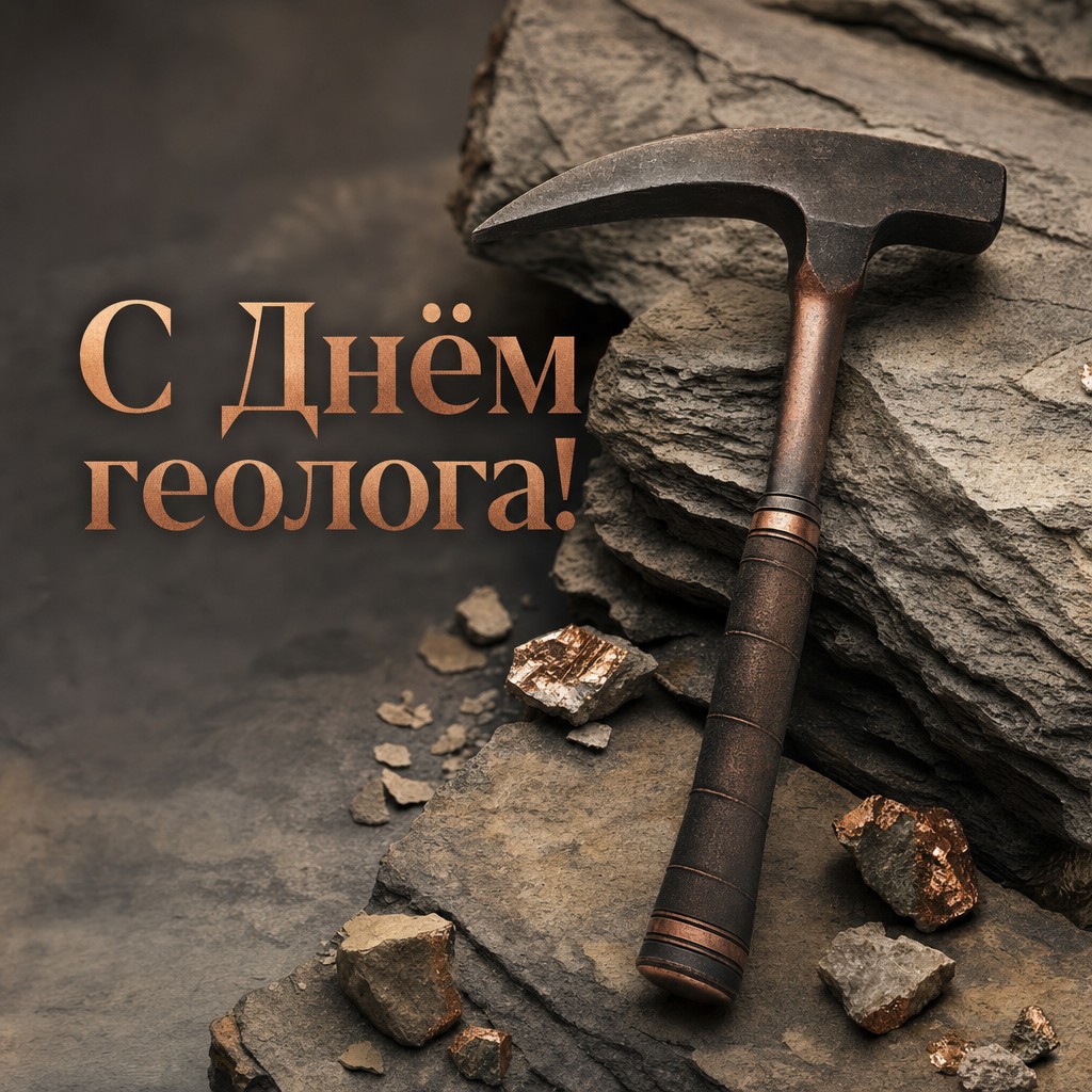 Стильная открытка на День геолога с геологическим молотком, камнем и премиальной природной палитрой.