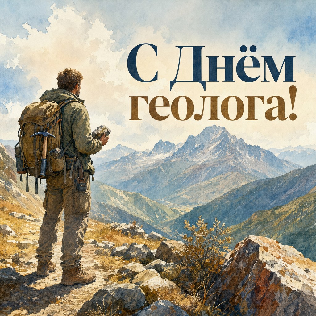 Акварельная открытка на День геолога с полевой экспедицией, рюкзаком и горным пейзажем.