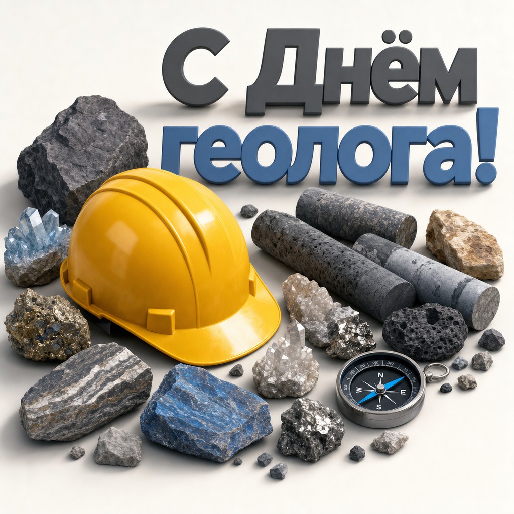Яркая 3D открытка на День геолога с защитной каской, минералами и полевыми образцами.