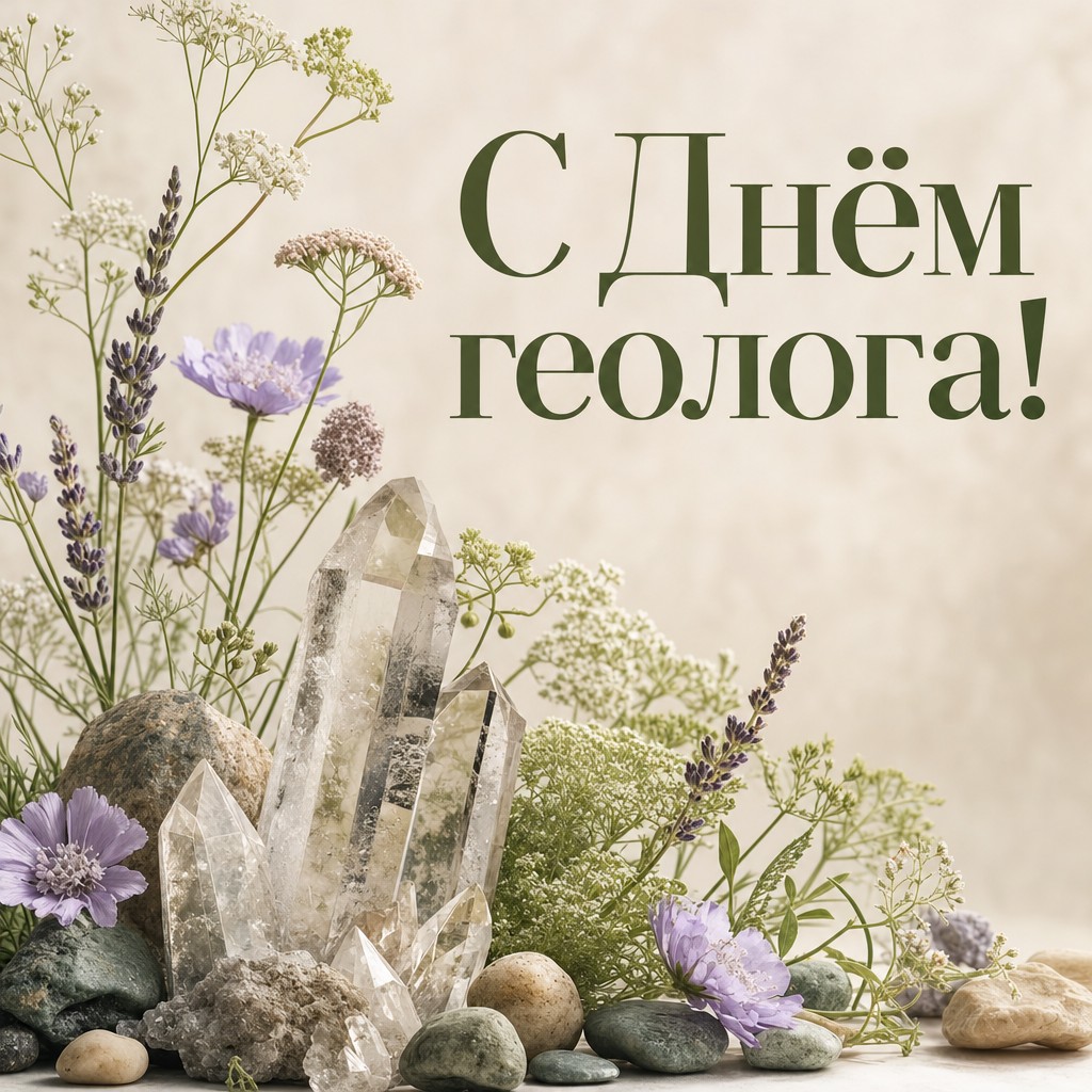 Нежная открытка на День геолога с полевыми цветами и прозрачными кристаллами кварца.