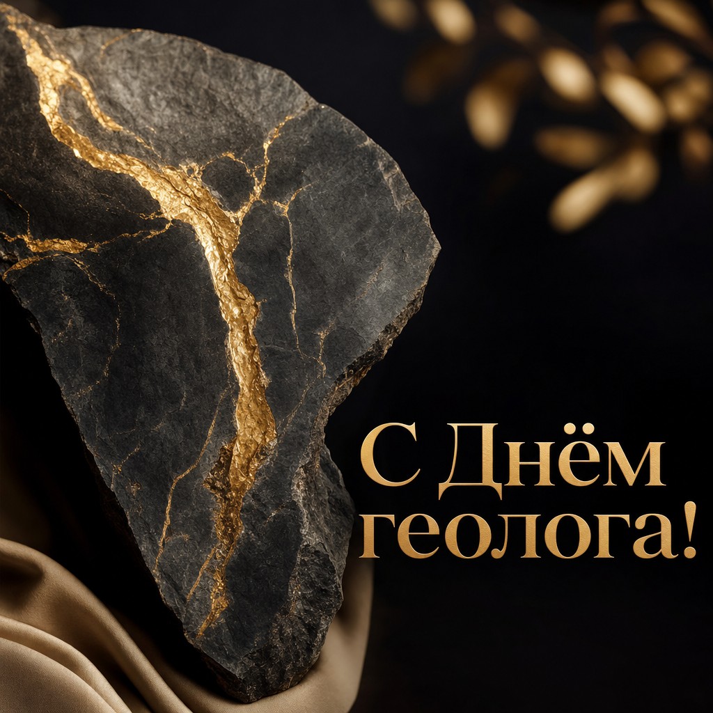 Элегантная открытка на День геолога с тёмным камнем и золотистой минеральной жилой.