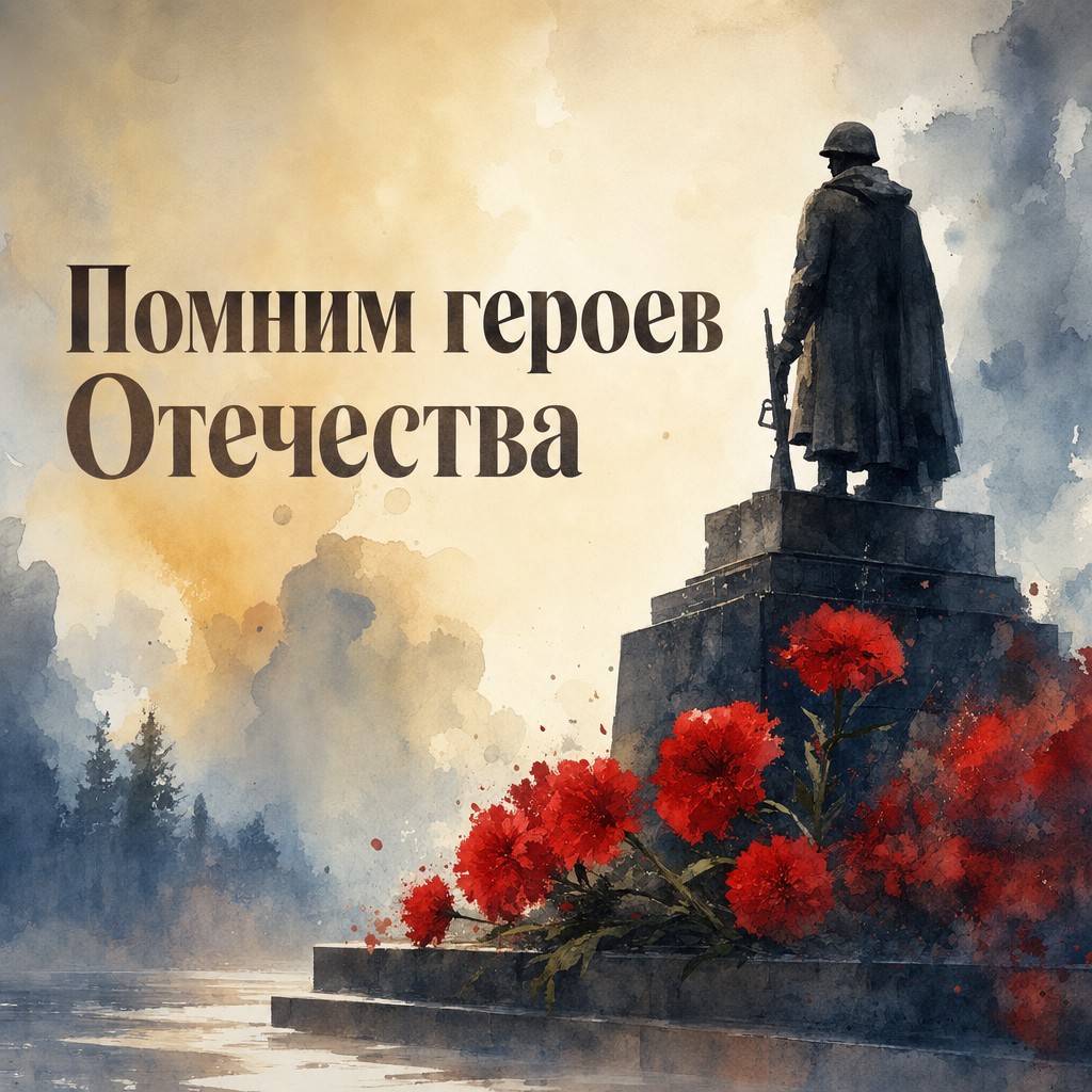 Нежная акварельная открытка ко Дню Героев Отечества с мемориальным монументом и цветами.