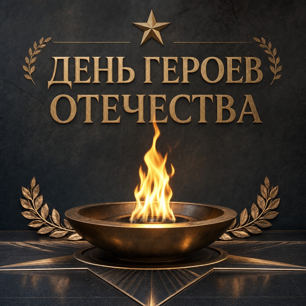 Элегантная открытка ко Дню Героев Отечества с Вечным огнём и золотыми акцентами.