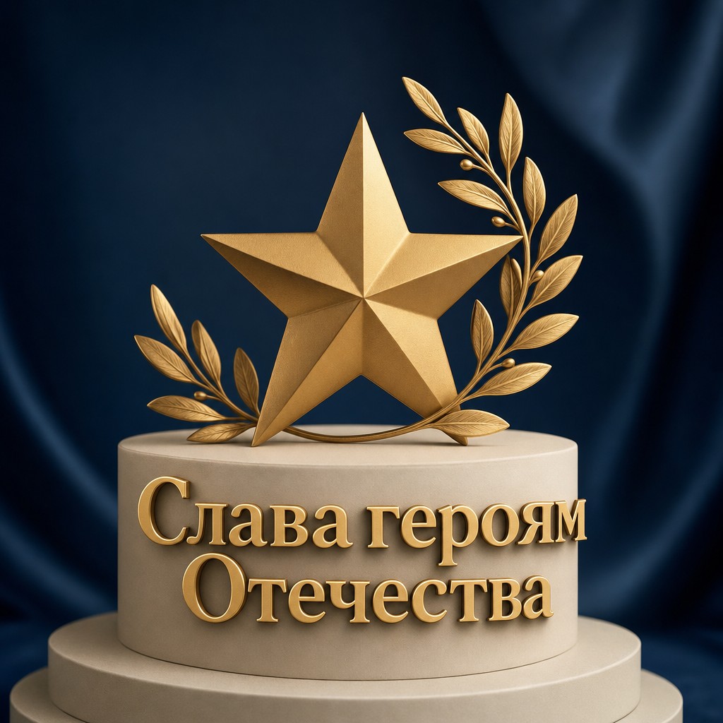 Премиальная 3D-открытка ко Дню Героев Отечества с золотой звездой и лавровой ветвью.