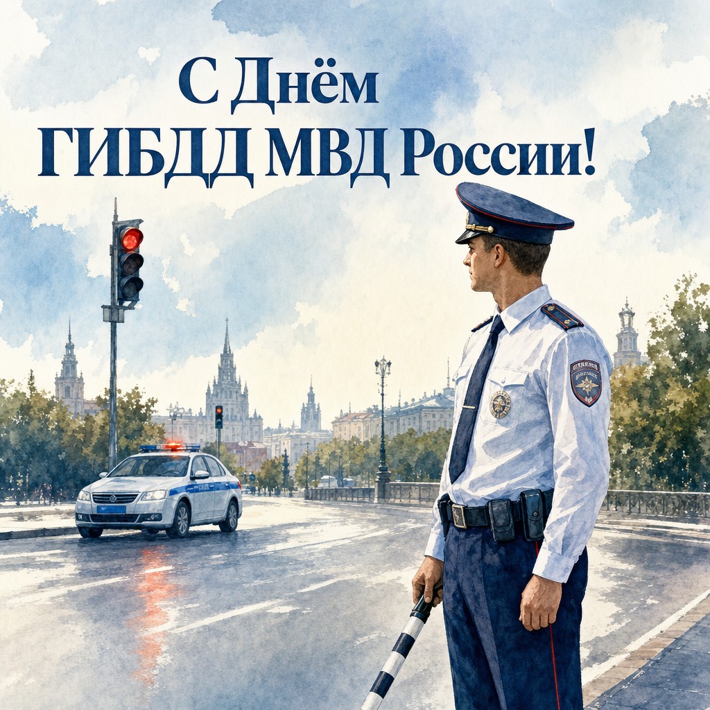Нежная акварельная открытка ко Дню ГИБДД МВД России с инспектором, дорогой и патрульной машиной.