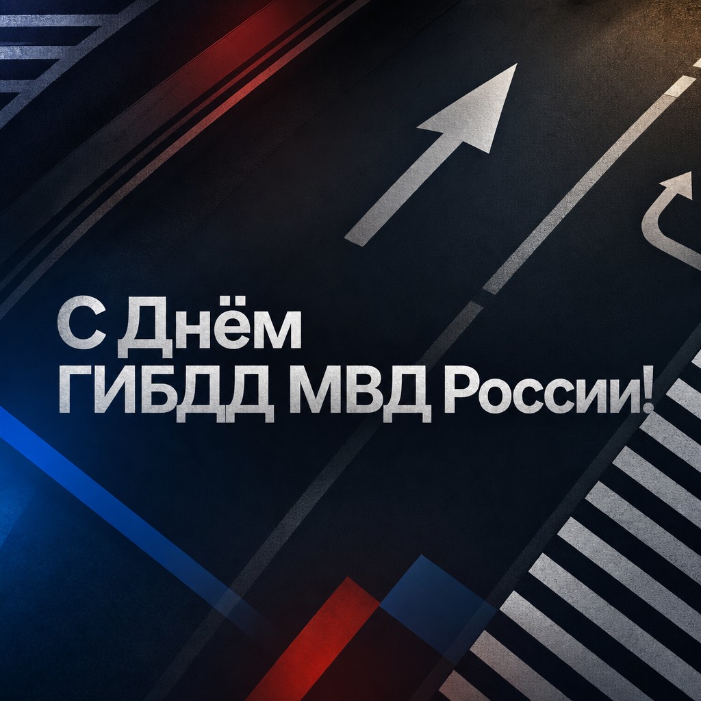 Современная открытка ко Дню ГИБДД МВД России с графичной разметкой, стрелками и строгой палитрой.