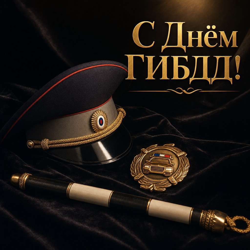 Премиальная открытка ко Дню ГИБДД МВД России с фуражкой, знаком и жезлом на бархате.