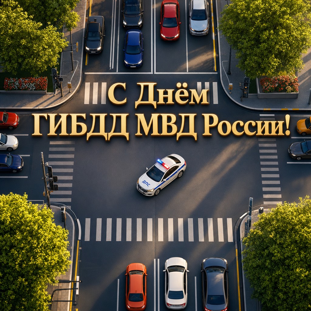 Яркая открытка ко Дню ГИБДД МВД России с видом сверху на перекрёсток и патрульную машину.