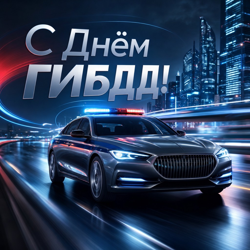 Динамичная digital art открытка ко Дню ГИБДД МВД России с патрульным авто на футуристичной трассе.