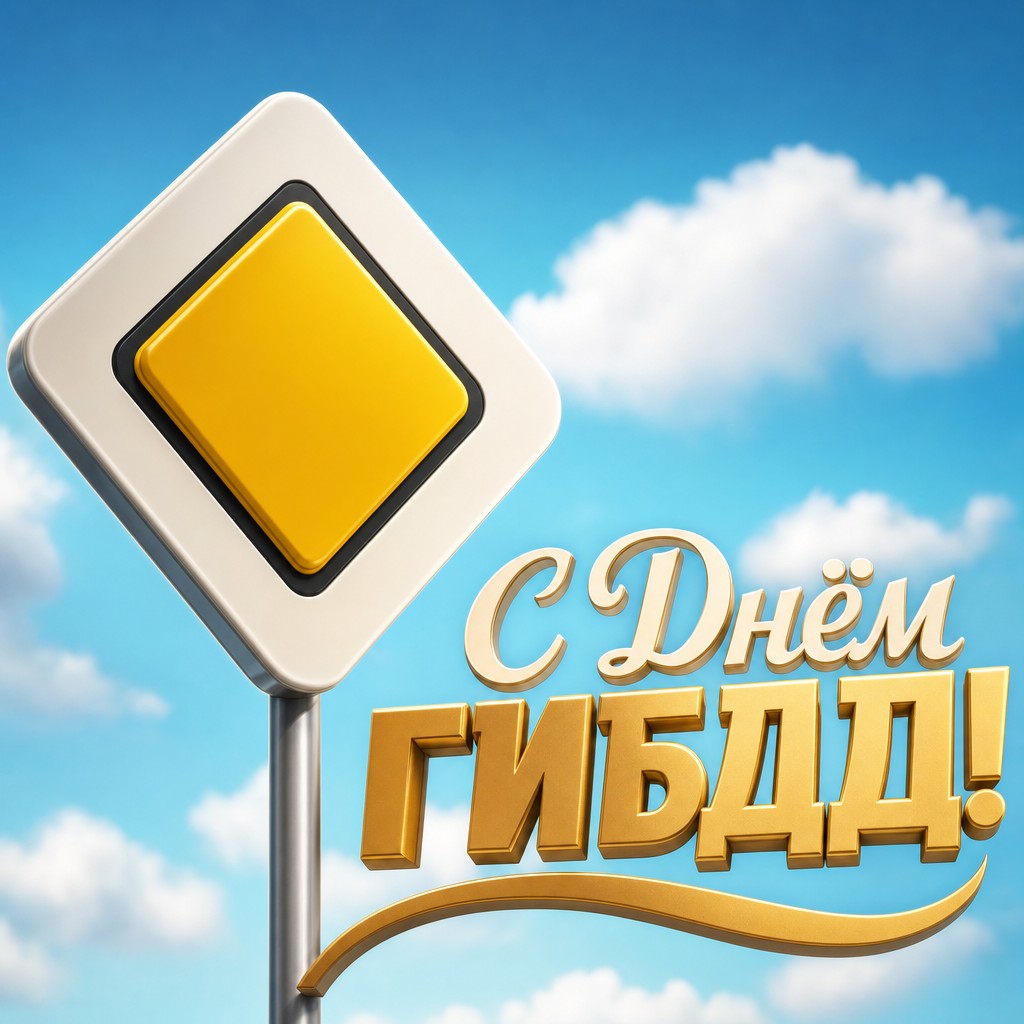 Современная 3D-открытка на День ГИБДД с дорожным знаком и мягким небом.