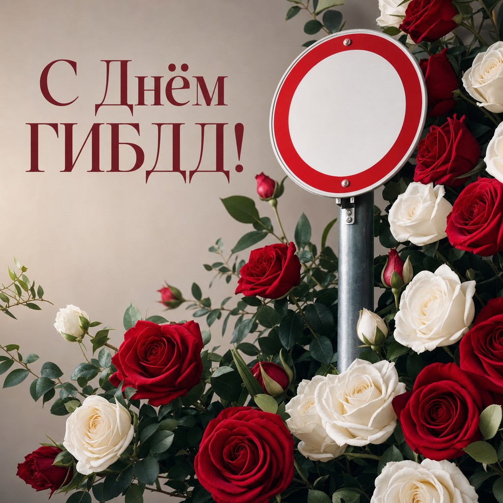 Праздничная открытка на День ГИБДД с дорожным знаком и реалистичными розами.
