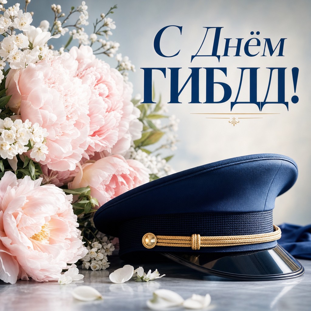 Элегантная открытка на День ГИБДД с фуражкой инспектора и нежными пионами.