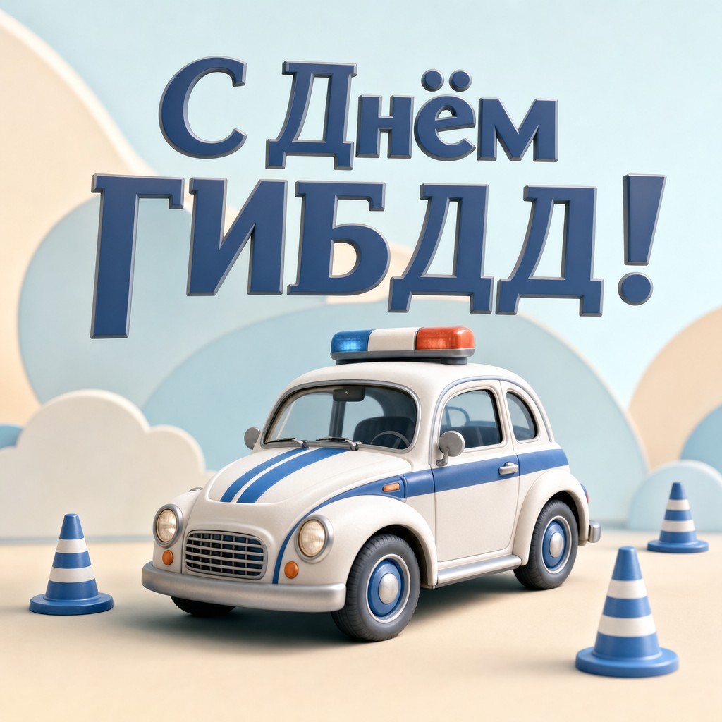 Милая пастельная открытка на День ГИБДД с миниатюрным патрульным автомобилем.