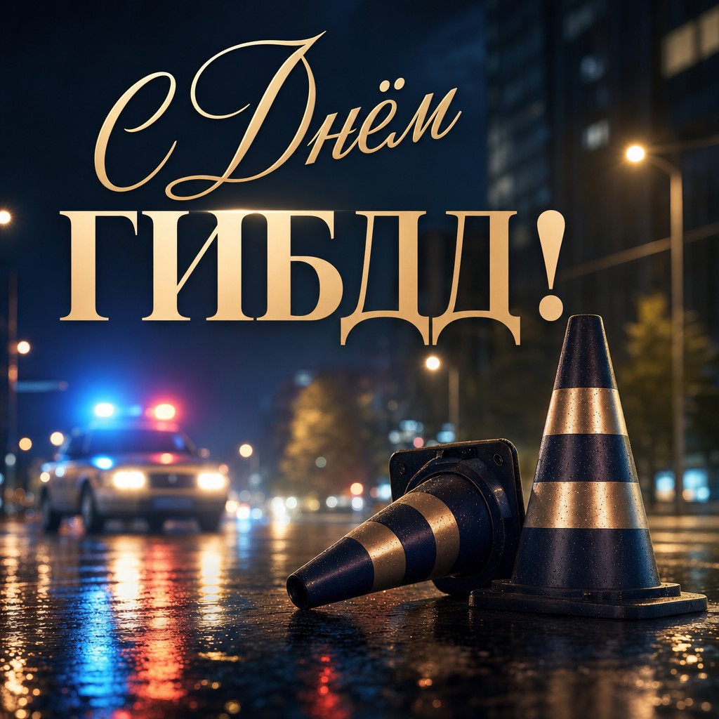 Атмосферная открытка на День ГИБДД с ночным перекрёстком и огнями города.