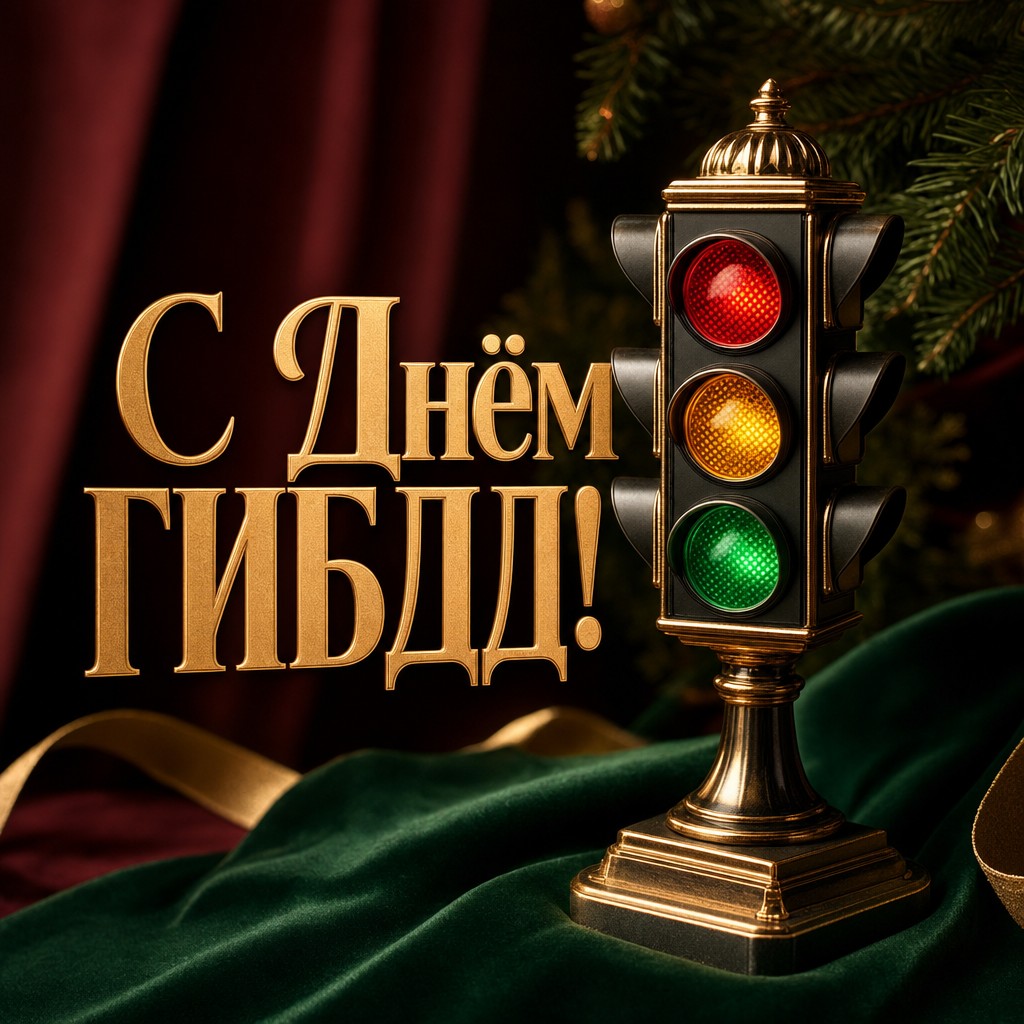Премиальная открытка на День ГИБДД с миниатюрным светофором на бархатном фоне.