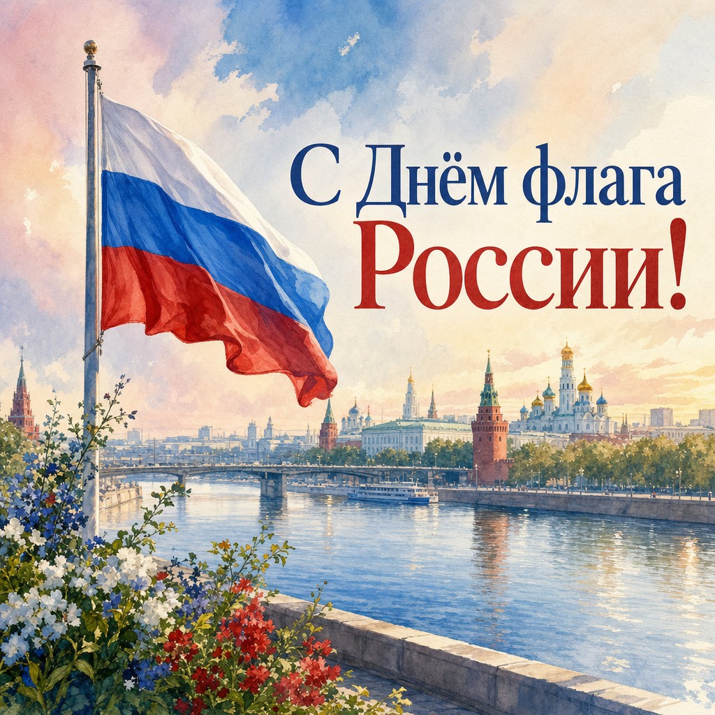 Нежная акварельная открытка ко Дню Государственного флага России с флагом у реки.