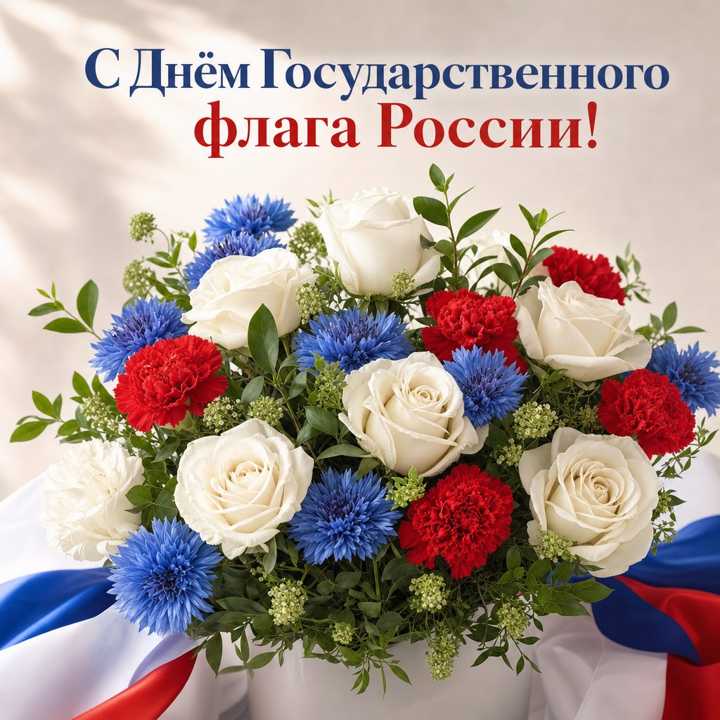 Красивая открытка ко Дню Государственного флага России с букетом в цветах триколора.