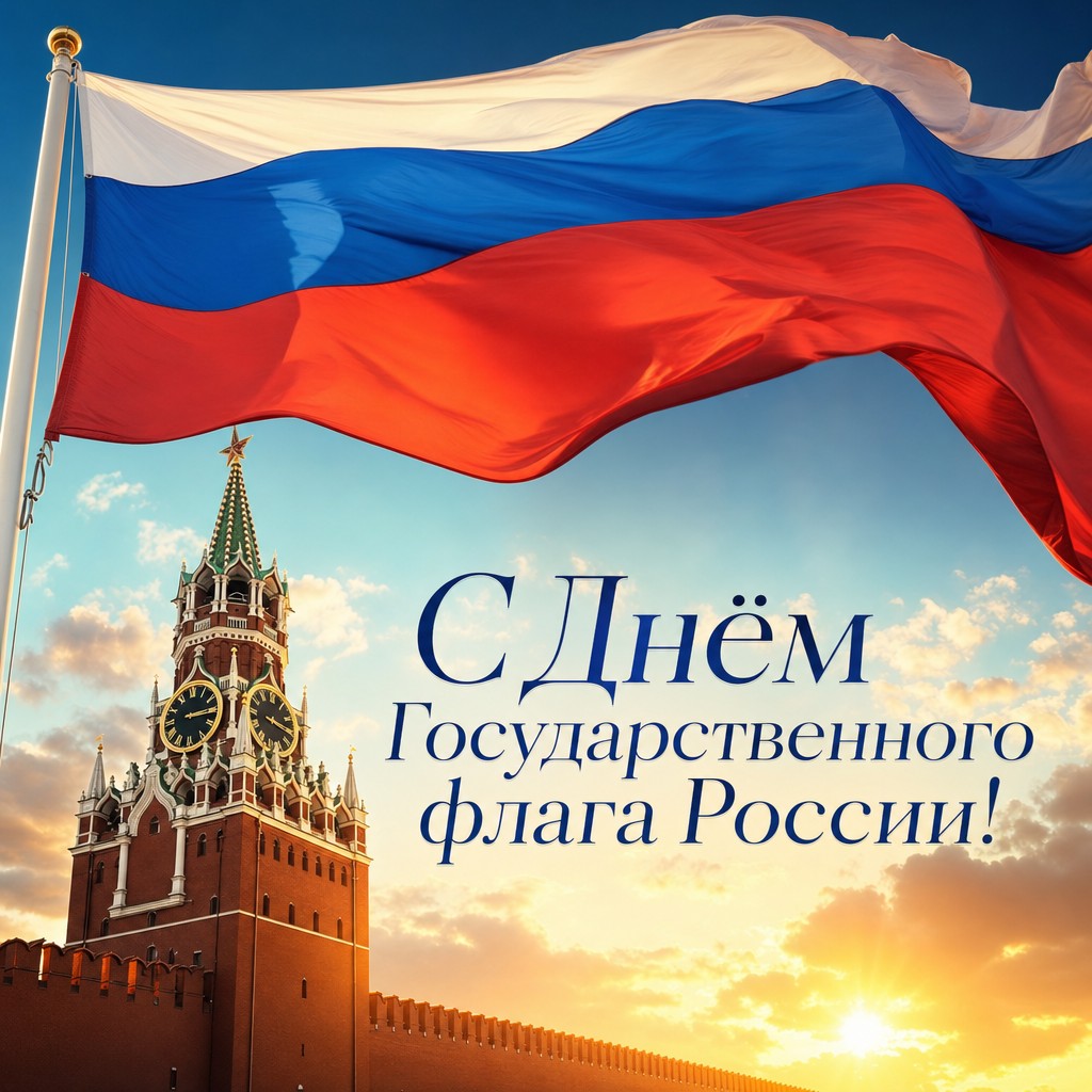 Патриотичная открытка ко Дню Государственного флага России с триколором над Кремлём.