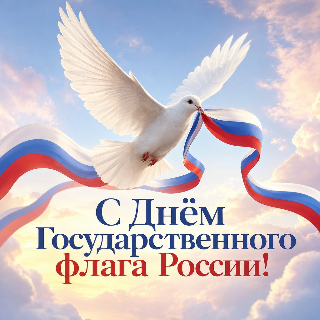 Светлая открытка ко Дню Государственного флага России с голубем и лентой триколора.