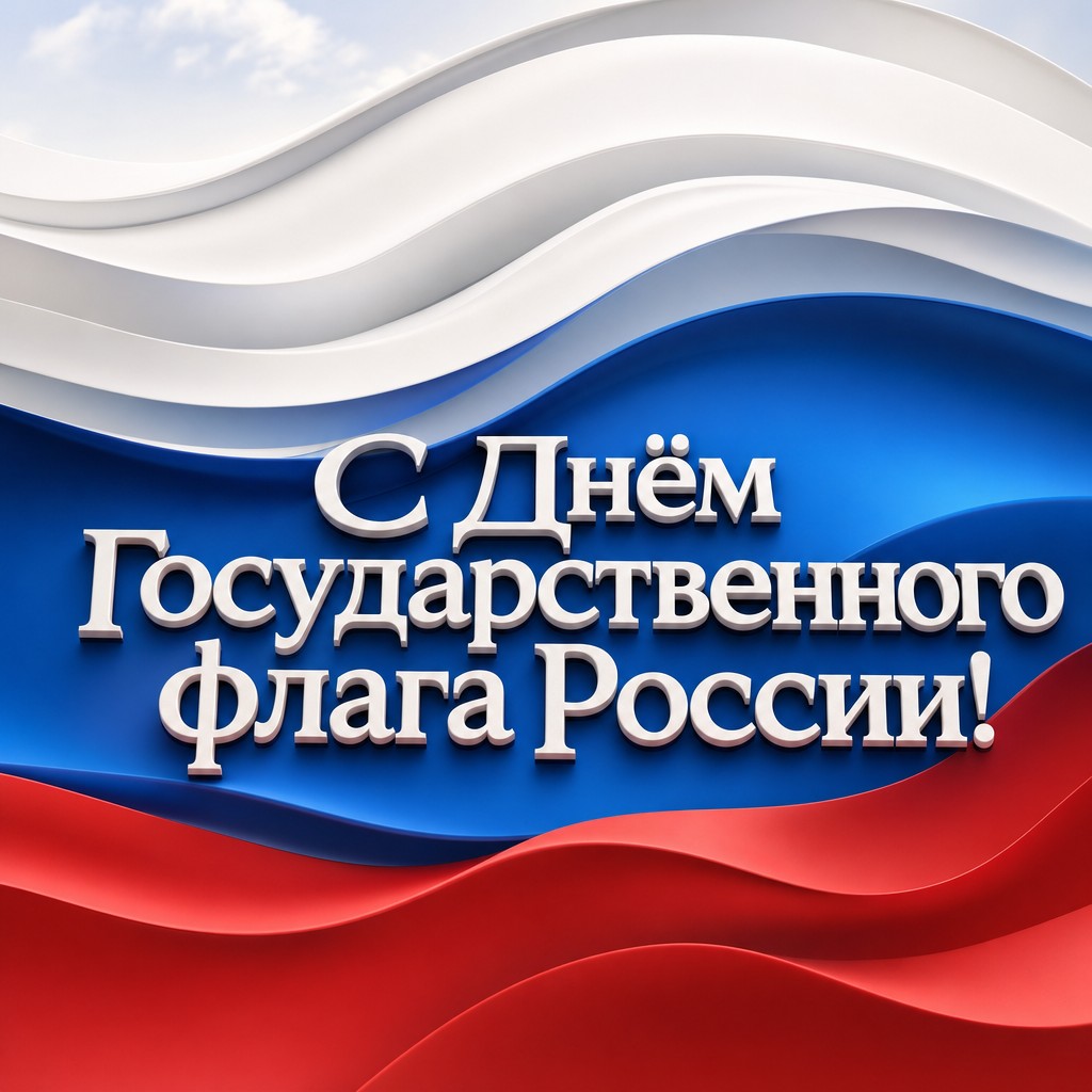 Современная открытка ко Дню Государственного флага России с объёмными волнами триколора.
