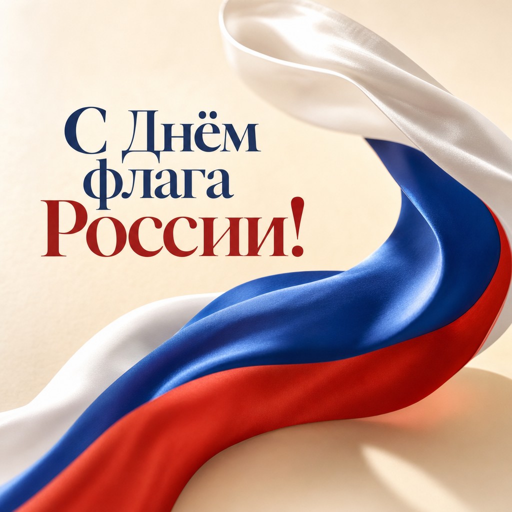 Элегантная открытка ко Дню Государственного флага России с шёлковой лентой триколора.
