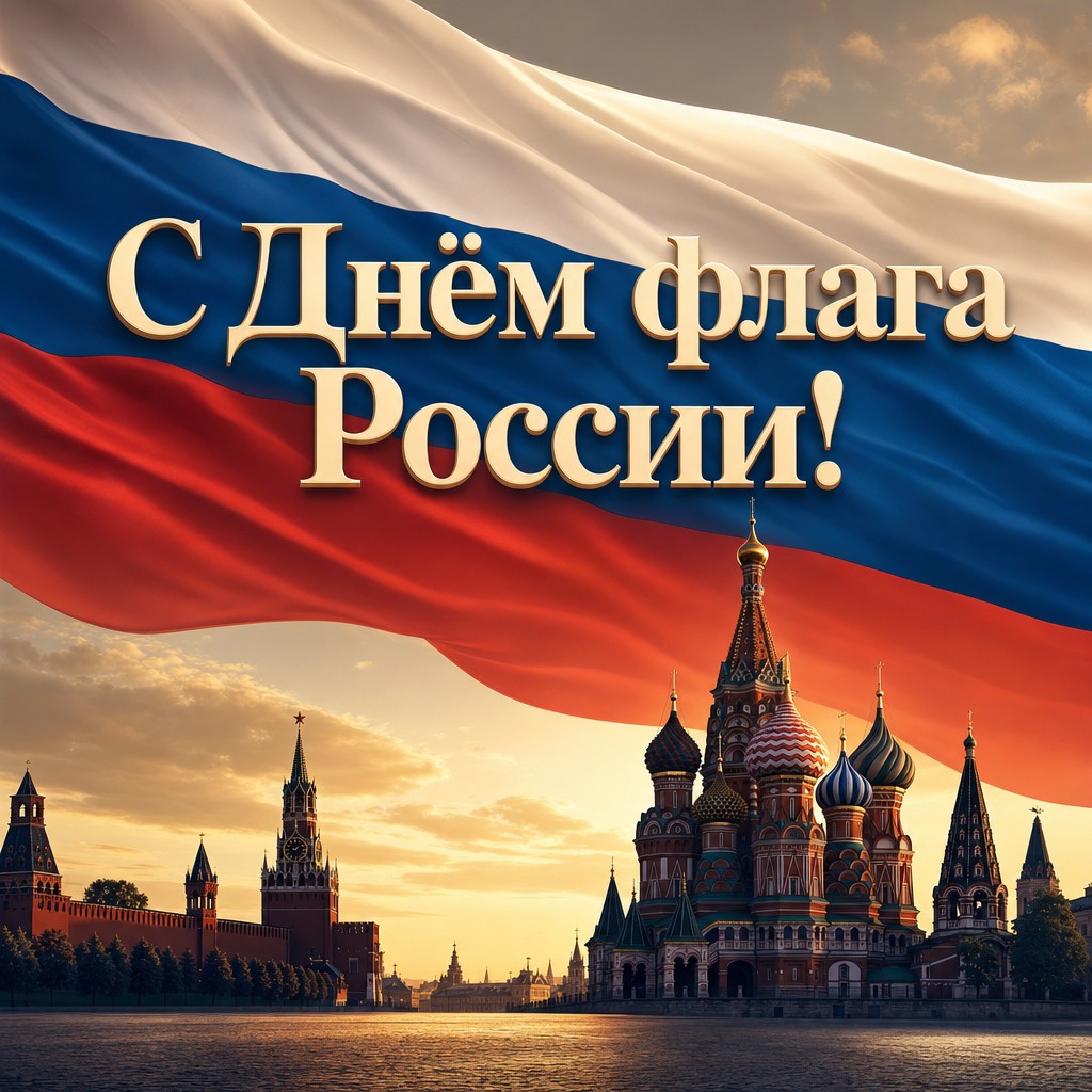 Современная открытка ко Дню Государственного флага России с собором Василия Блаженного и флагом.