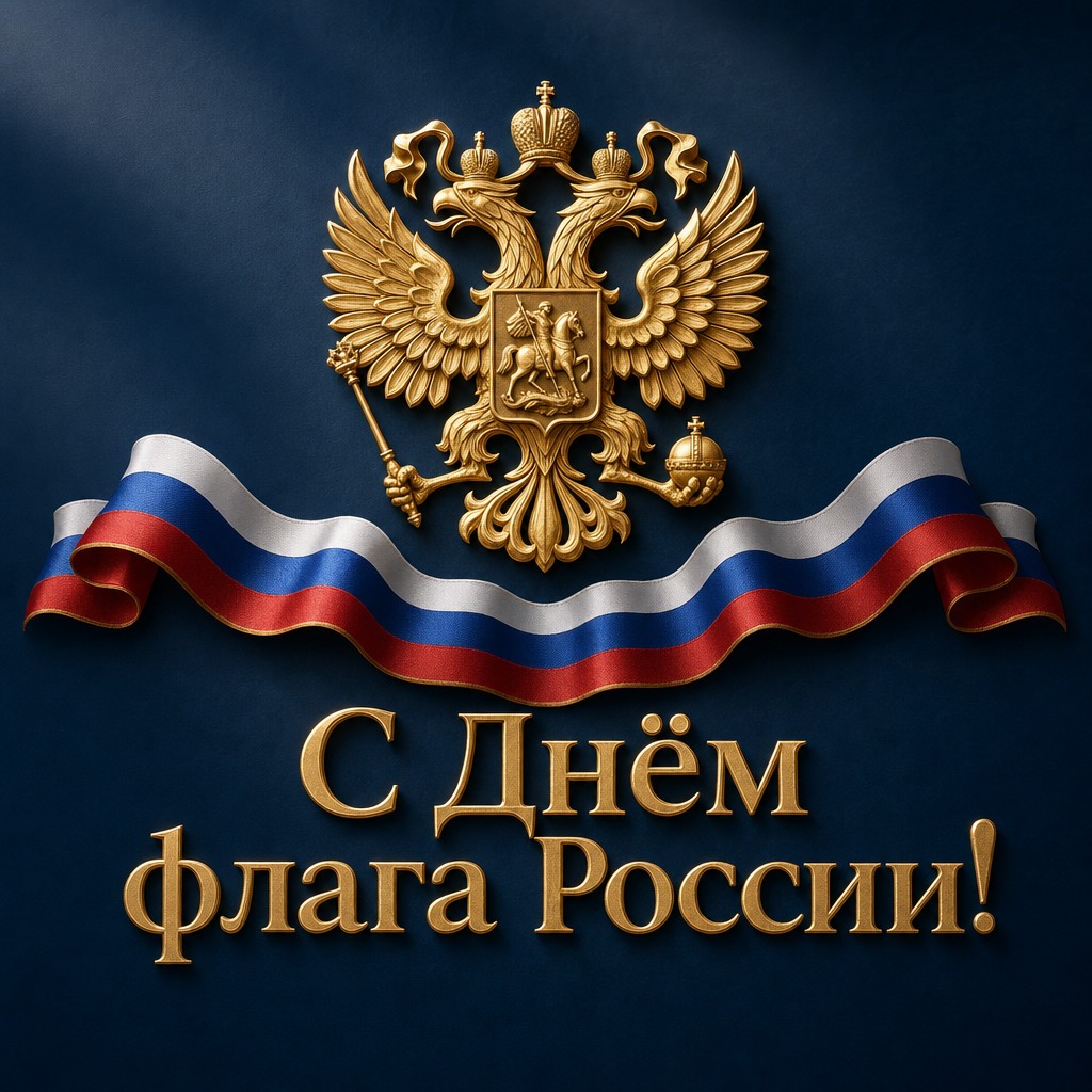 Премиальная открытка ко Дню Государственного флага России с золотым орлом и лентой триколора.