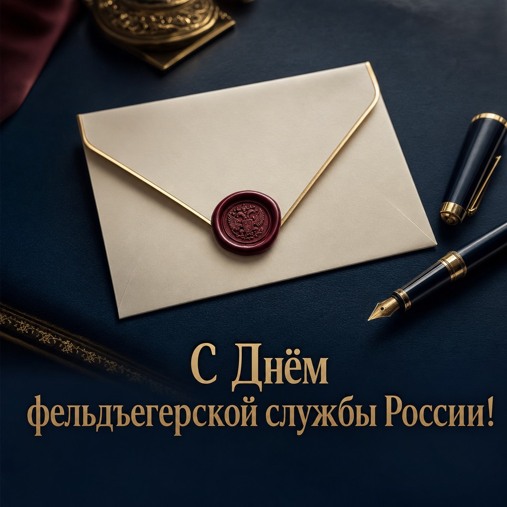 Премиальная открытка ко Дню Государственной фельдъегерской службы России с официальным конвертом и сургучной печатью.