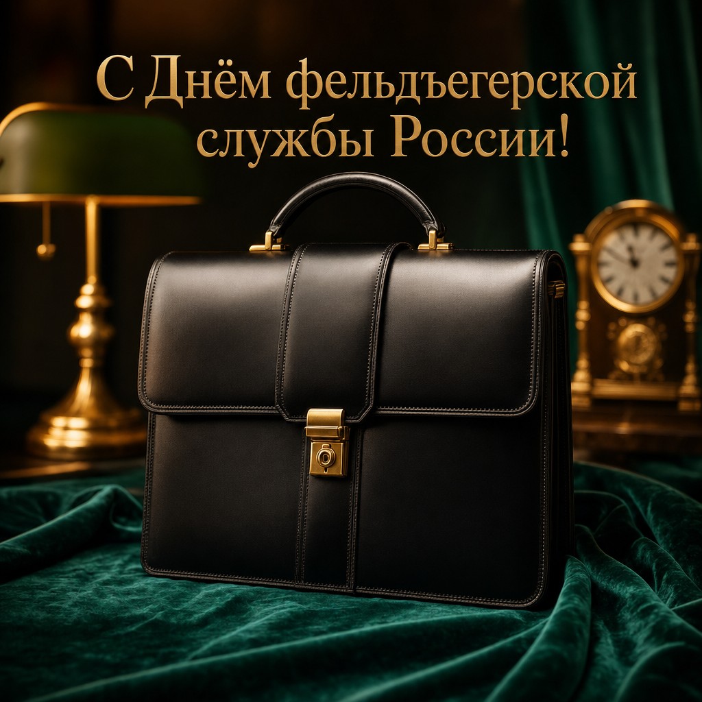 Элегантная открытка ко Дню Государственной фельдъегерской службы России с кожаным служебным портфелем.