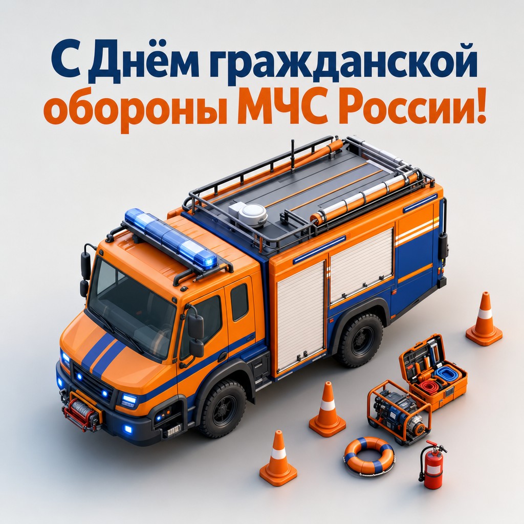 Яркая 3D-открытка ко Дню гражданской обороны МЧС России с аварийно-спасательным автомобилем.