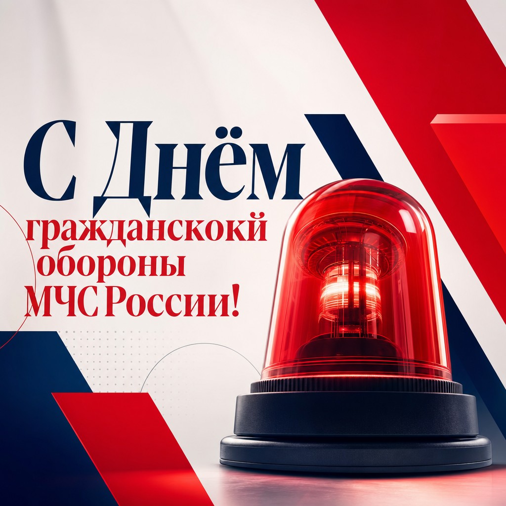 Современная открытка ко Дню гражданской обороны МЧС России с графичной сигнальной сиреной и строгой композицией.