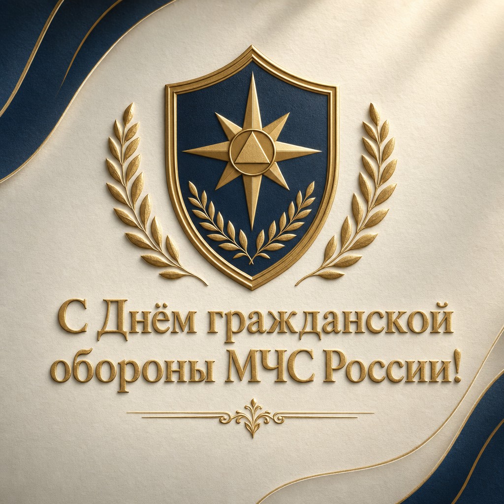 Премиальная открытка ко Дню гражданской обороны МЧС России с золотым рельефным щитом на фактурной бумаге.