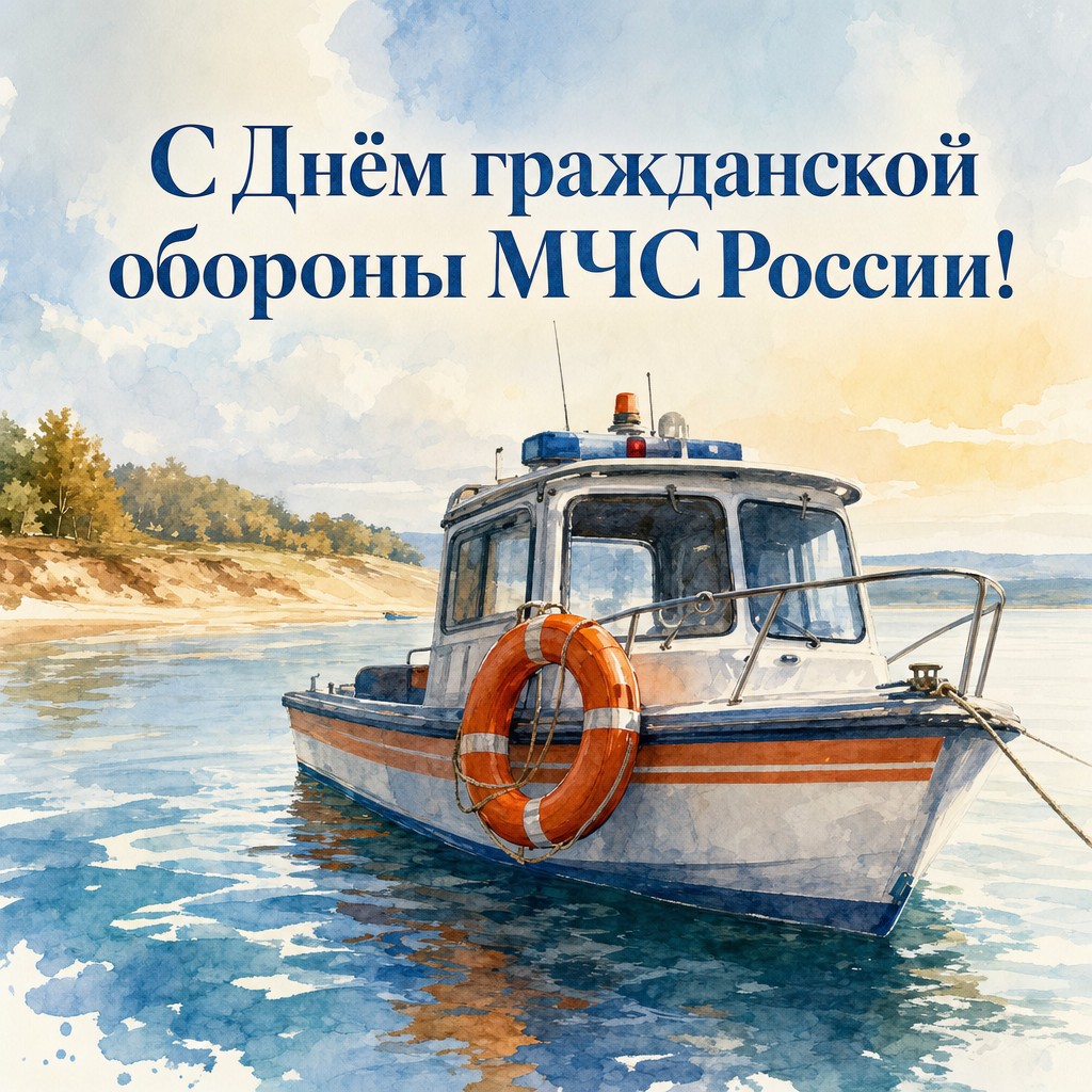 Нежная акварельная открытка ко Дню гражданской обороны МЧС России со спасательной лодкой и спасательным кругом.