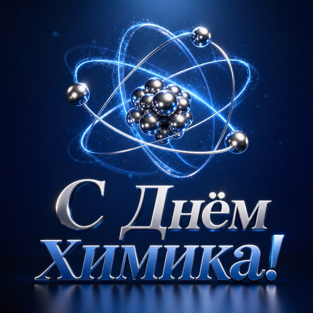 Футуристичная открытка на День химика с сияющей 3D-моделью атома.
