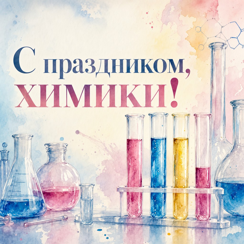 Нежная акварельная открытка на День химика с пробирками и цветными растворами.