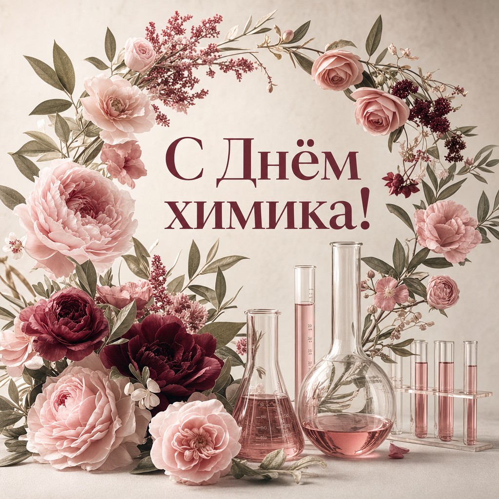 Элегантная открытка на День химика с цветами и лабораторной посудой в центре.