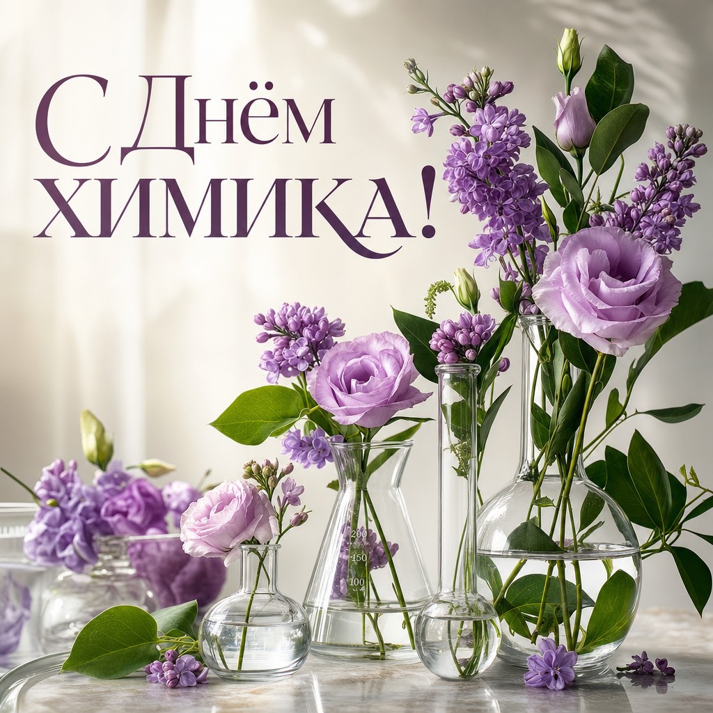 Премиальная открытка на День химика с лабораторными колбами и нежными цветами.