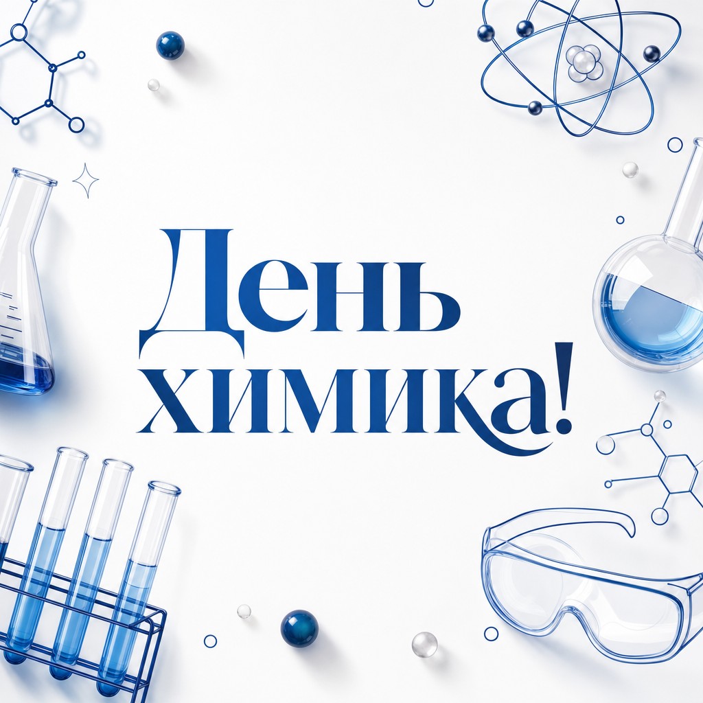 Современная открытка на День химика с аккуратными лабораторными пиктограммами.