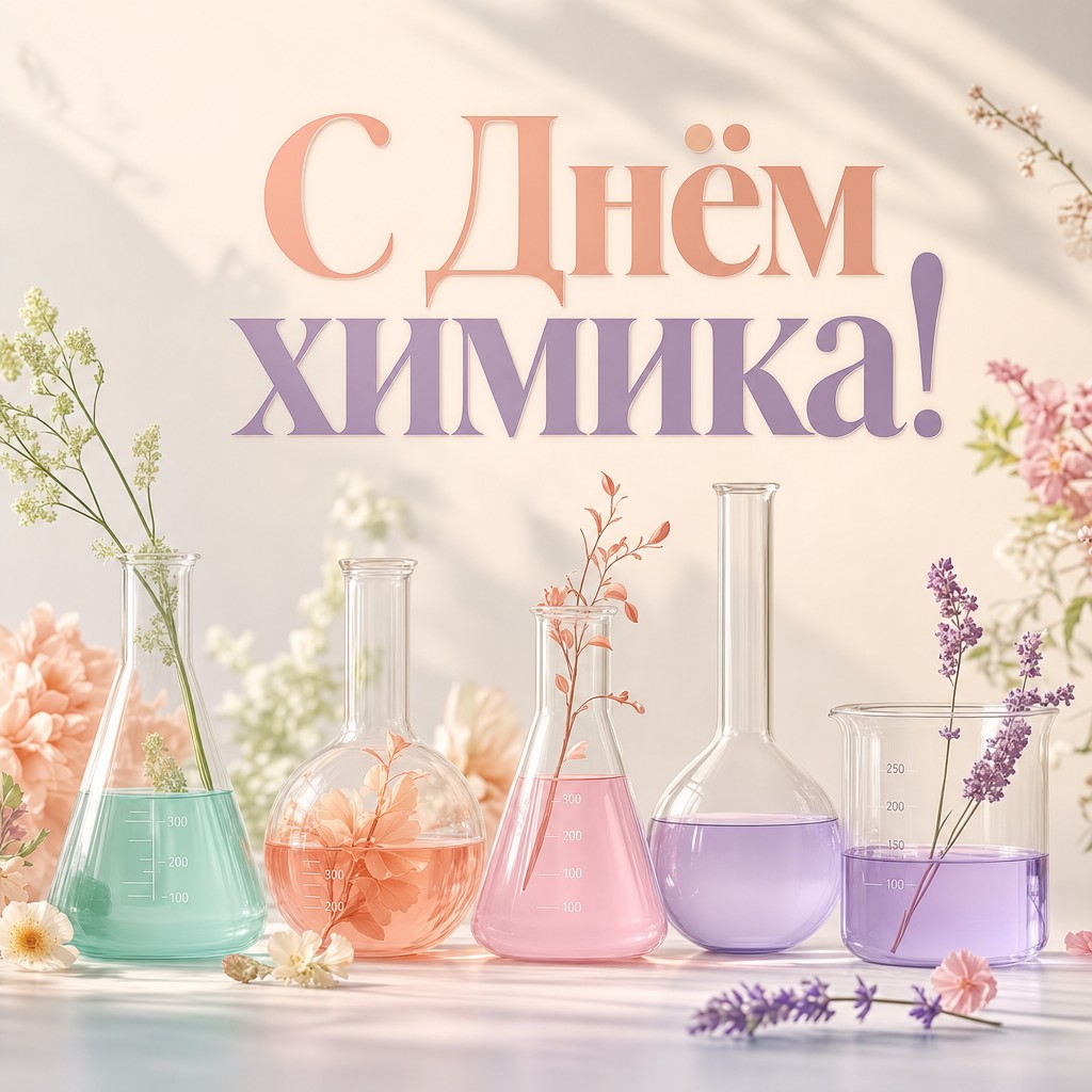 Нежная пастельная открытка на День химика с аккуратным рядом мерных колб.
