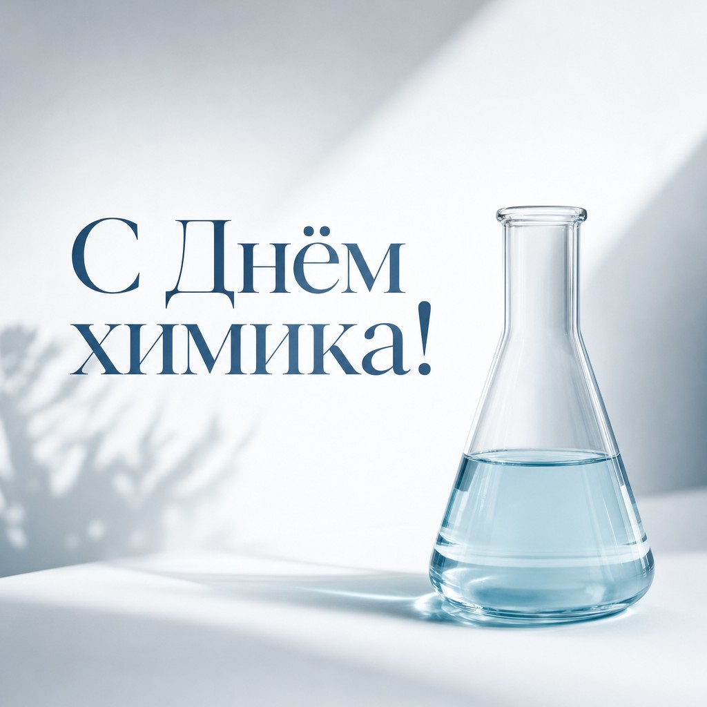 Минималистичная премиальная открытка на День химика с прозрачной лабораторной колбой.
