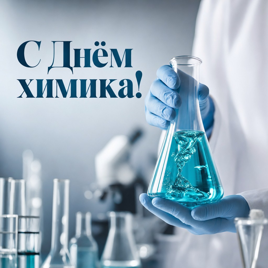 Профессиональная открытка на День химика с руками в перчатках и колбой с раствором.