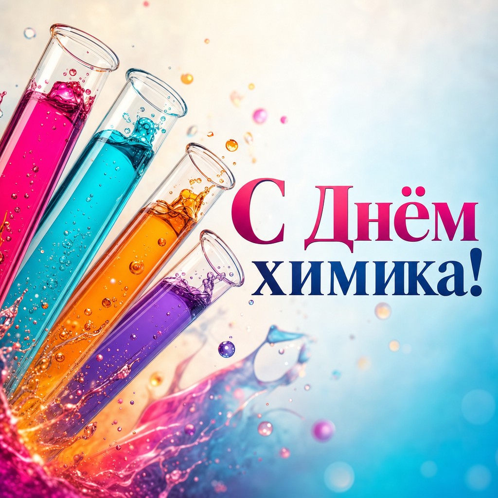 Яркая открытка на День химика с пробирками и насыщенными цветными растворами.