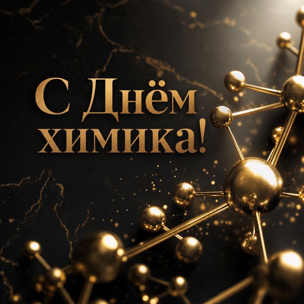 Стильная тёмная открытка на День химика с золотой молекулярной структурой.