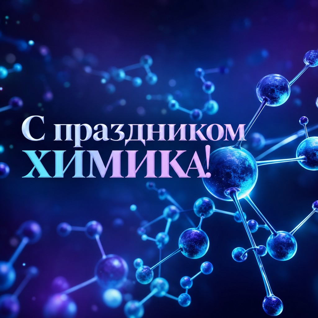 Современная открытка на День химика со светящейся молекулярной сетью в глубине.