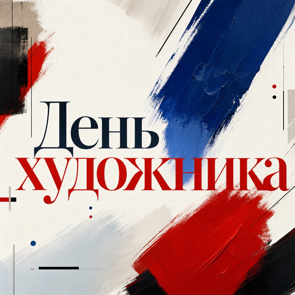 Современная открытка на День художника с контрастной графикой, яркими мазками и чистой композицией.
