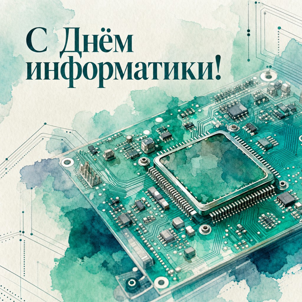Лёгкая акварельная открытка на День информатики с платой, тонкими дорожками и свежей бирюзовой палитрой.