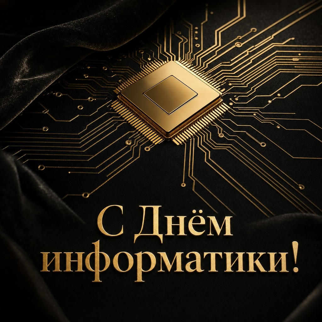 Элегантная открытка на День информатики с золотым микропроцессором и премиальным тёмным фоном.