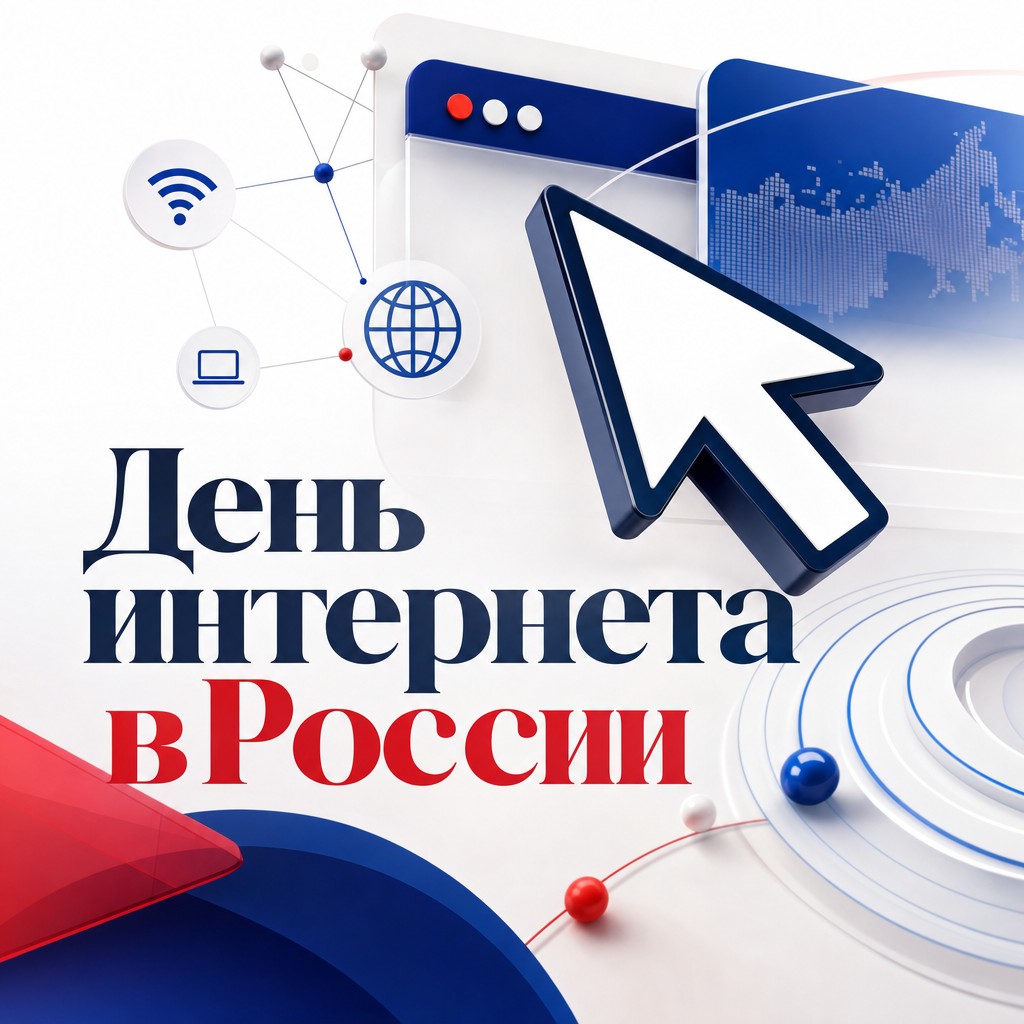 Лаконичная современная открытка ко Дню интернета в России с курсором и цифровыми иконками.